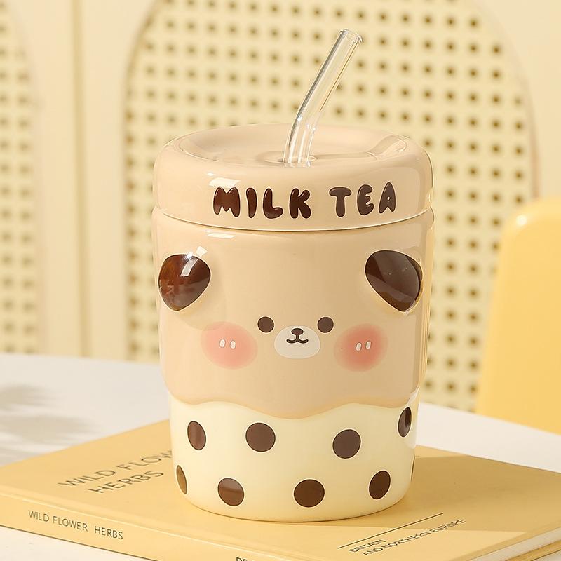 Kreativer Cartoon Milchshake Keramikbecher mit Deckel, Pärchenbecher, Haus- und Bürokaffee-Frühstücksbecher Geschenk