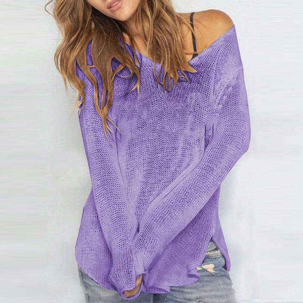 Women V Neck Hollow Out Knit Crochet Sweater Pullover Loose Fit Long Sleeve Lightweight Beach Cover Up Top