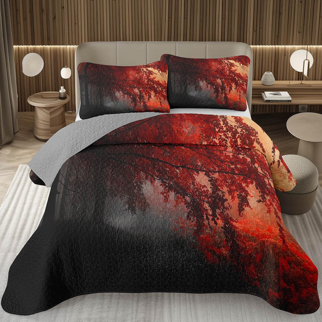 Fall Leaves Bedspread Set Queen/Twin, Autumn Maple Leaf Quilt Set, Soft Lightweight Botanical Coverlet, Rustic Farmhouse Bedding