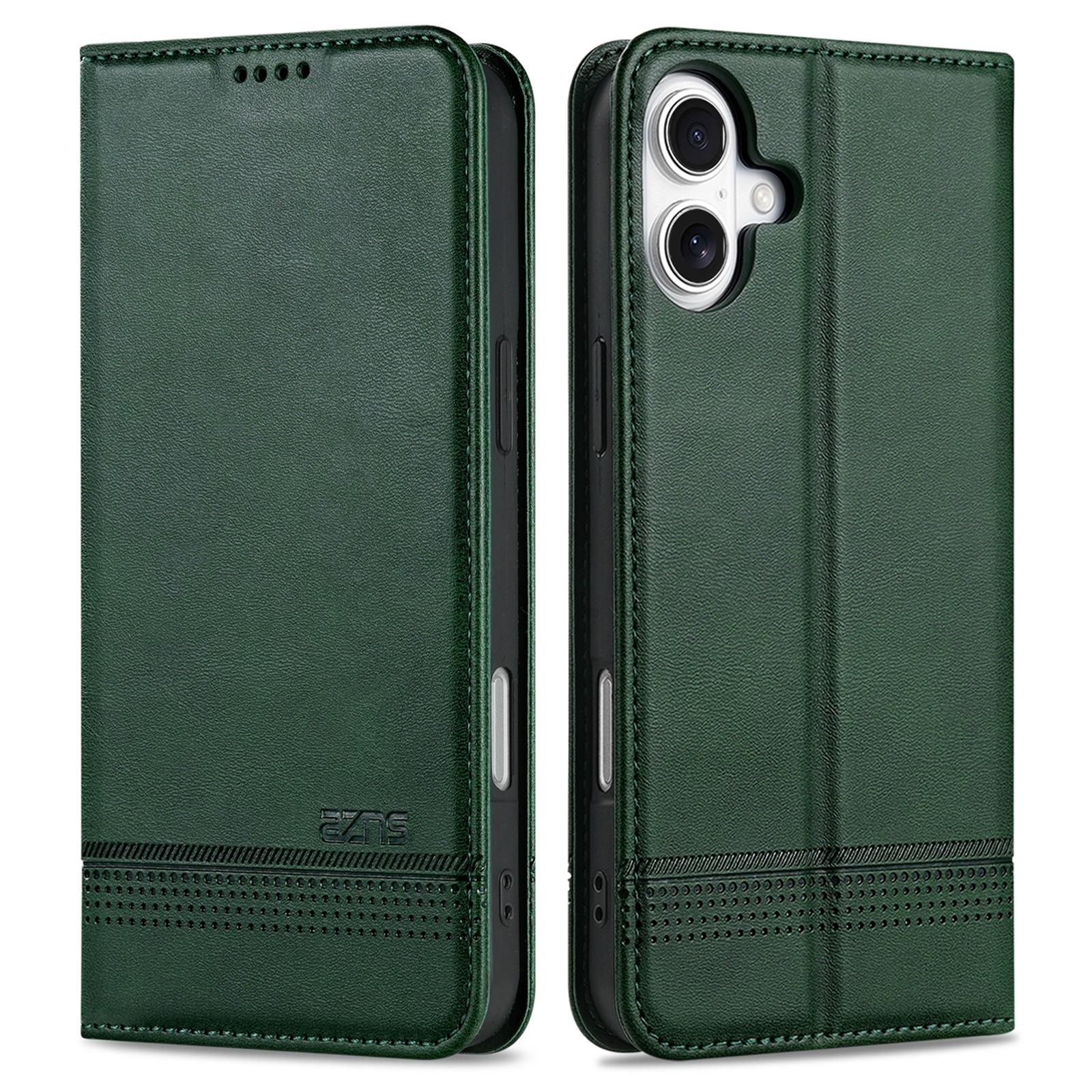 

AZNS For iPhone 16 Case Cowhide Texture PU Leather Wallet Phone Cover Green