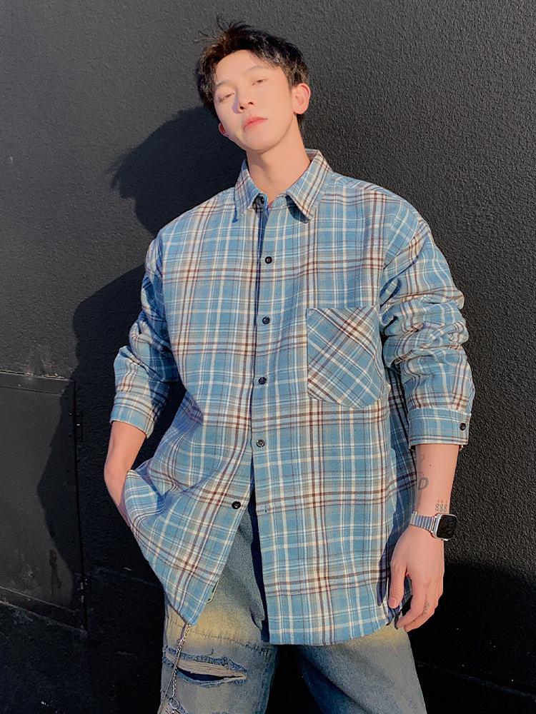 Men's Retro Plaid Long-Sleeve Shirt and Casual Lapel Jacket