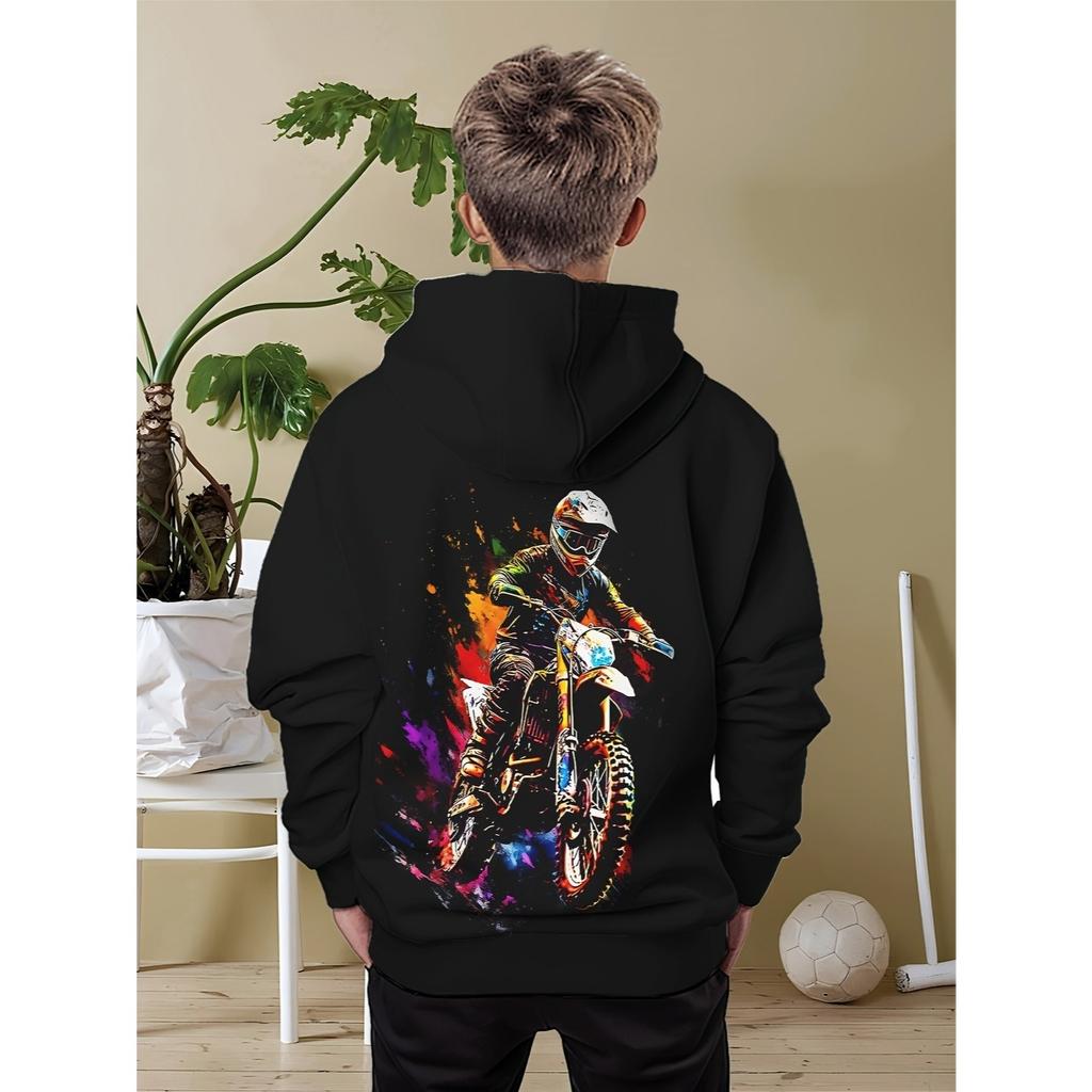 Boys' Colorful Motorcycle Rider 3D Printed Long Sleeved Hooded Sweatshirt, Boys' Spring and Autumn Sportswear