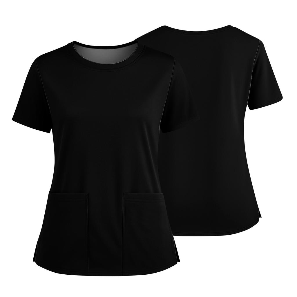 Dámská módní barevná kulatý výstřih kapsa krátký rukáv košile s rozparkem spodní lem uniforma a pracovní top