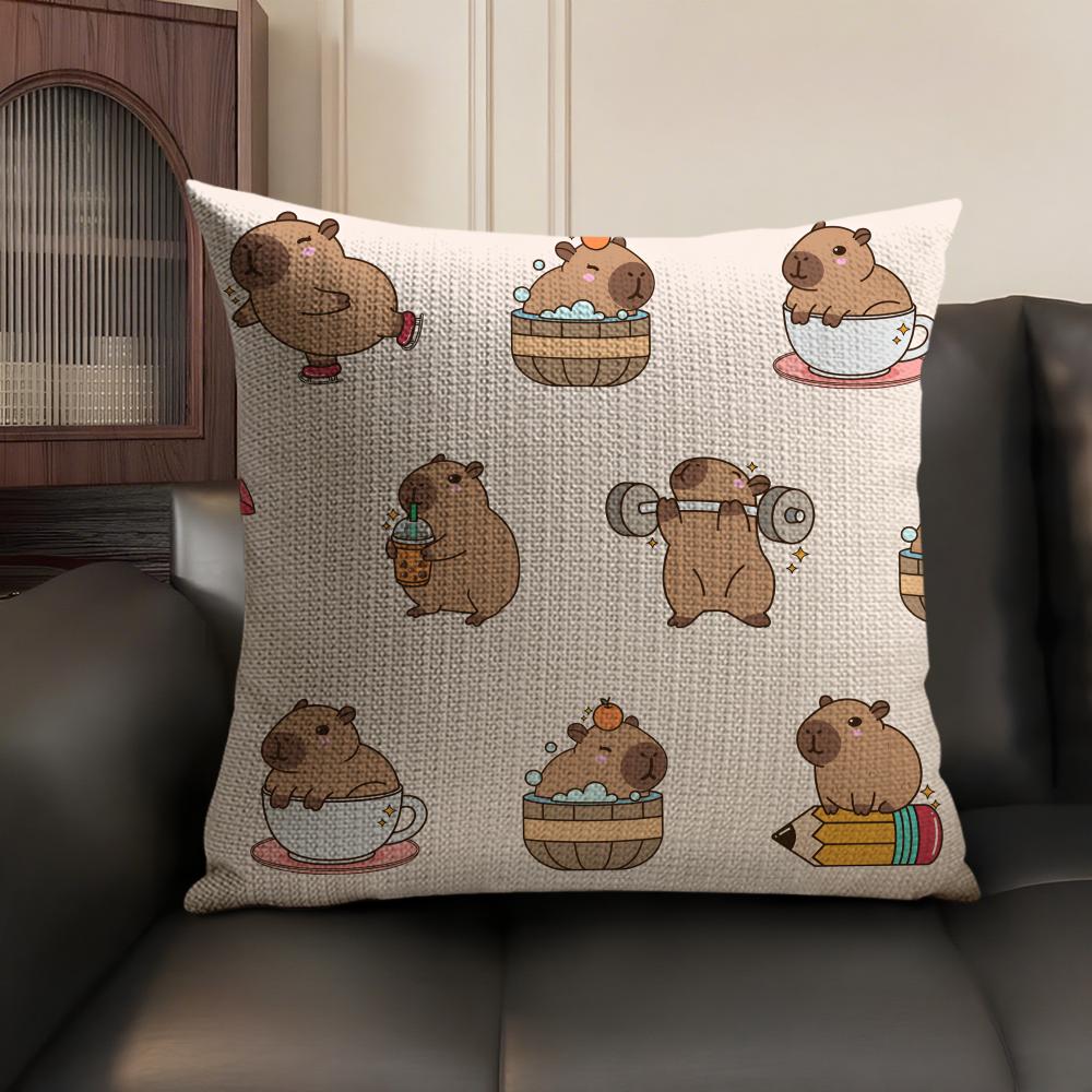Capybara Cartoon Cute Cushion Cover Natural Linen Organic Fabric DoubleSided Printing Sofa Home Decor Gift Pillow Case