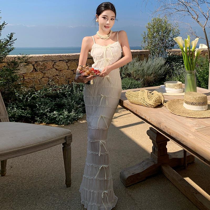 Sexy Suspender Premium Temperament Dress Pleated Lace Hip Wrap Hotel Dress Long Dress