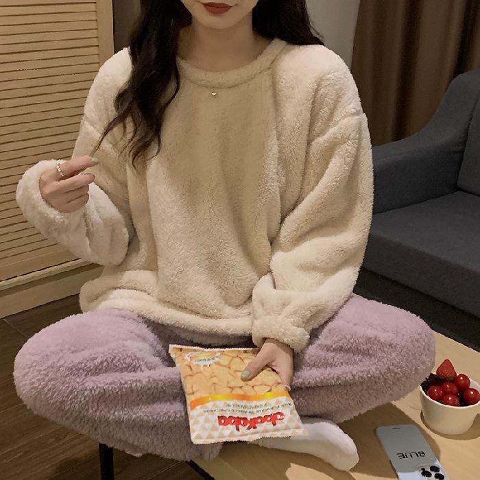 Women's Winter Plush Pajamas Set: Long-Sleeve, Solid Color, Thick Coral Fleece for Home or Outdoor Wear
