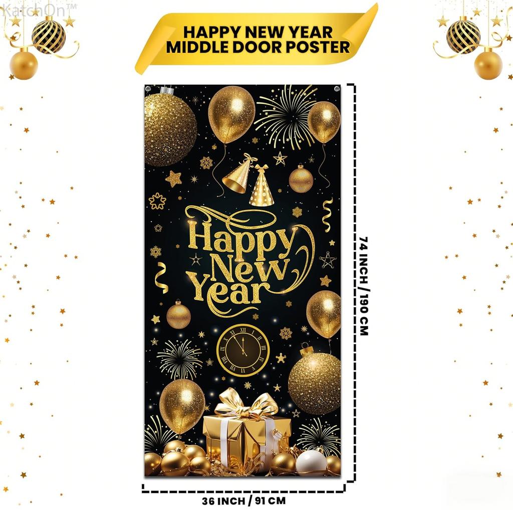 73 X 36 Inch Happy New Year Banner Door Cover, Black And Gold Hanging Ornament Themed Porch Sign, Large Front Door Wall Backdrop