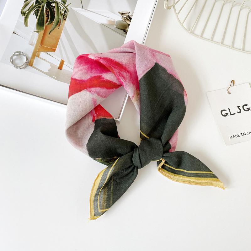 55 Cotton And Linen Headscarf Summer And Autumn Floral Silk Scarf Sweet Versatile Square Scarf Small Scarf Women'S Thin Decorative Silk Scarf