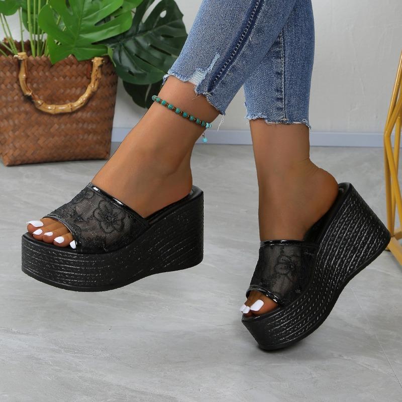 Women's Outdoor Wedge Slide Slippers, Summer New Chunky Sole Sequin Trendy Fashion Casual One‑Strap Sandals