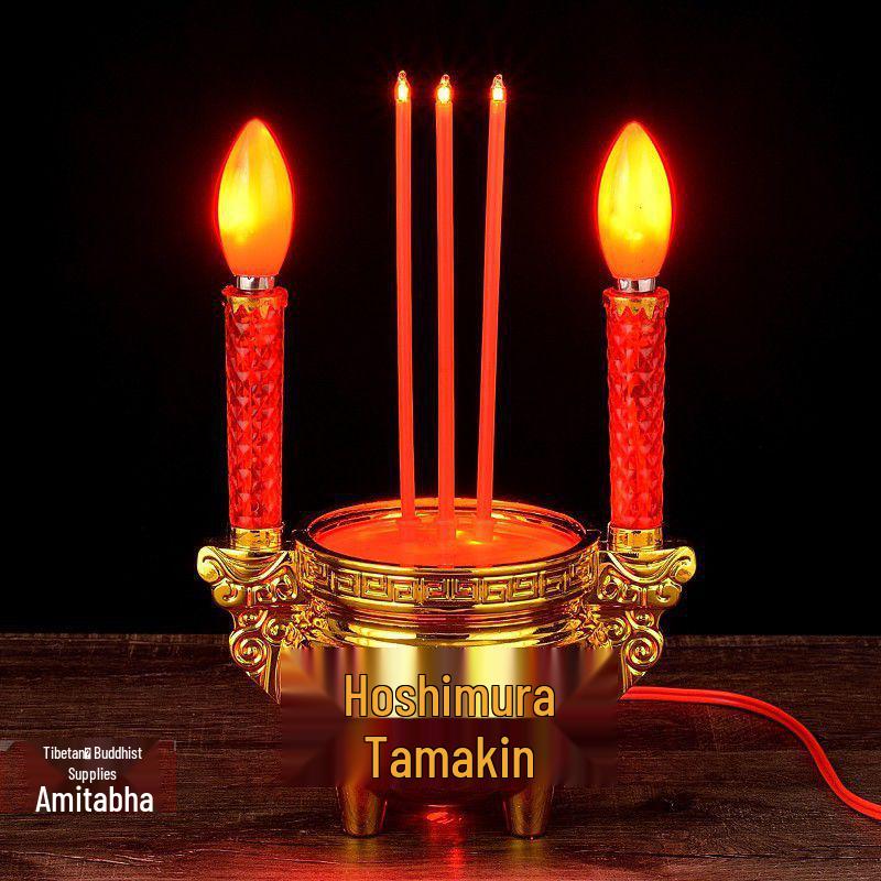 Buddha Offering Electric Candelabra: Complete Set with Incense Burner and Everlasting Lamp for Home Use