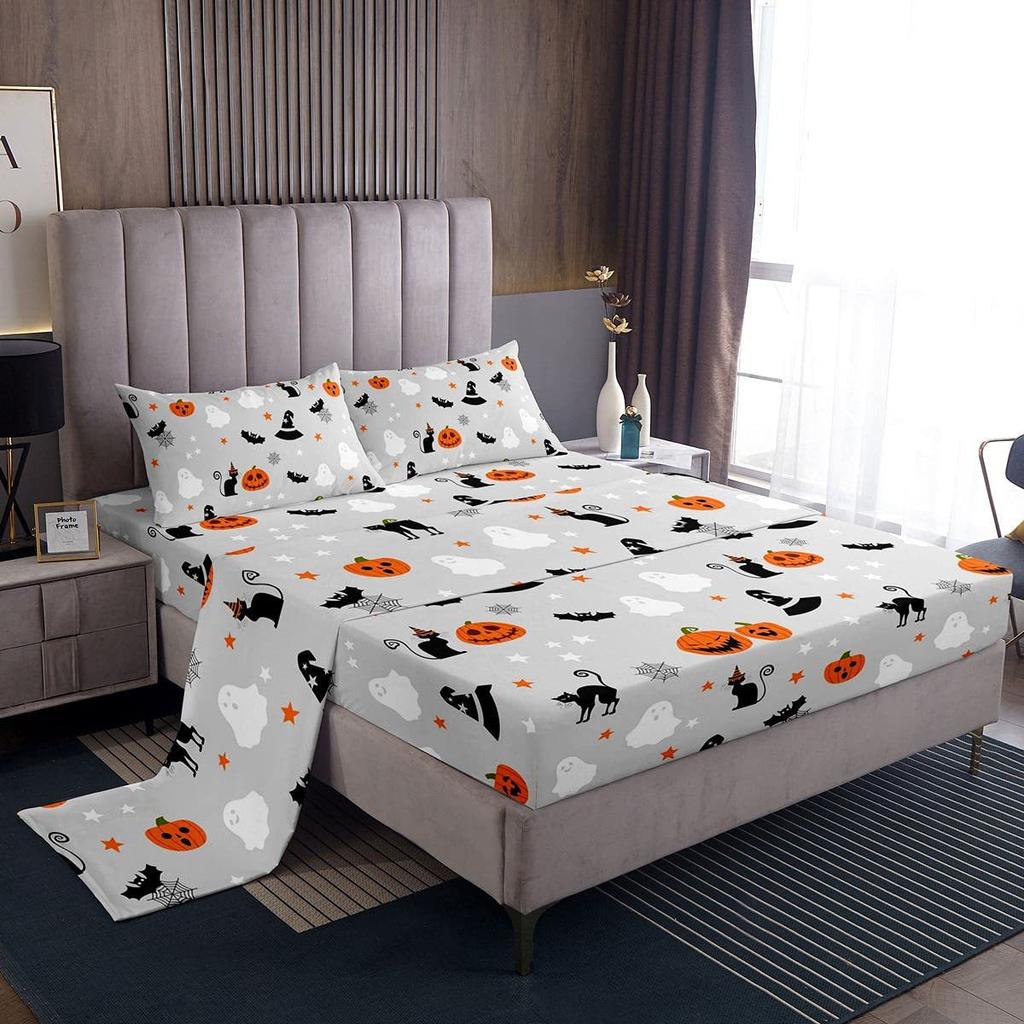 Halloween-Themed Pumpkin Pattern Bed Hat Four-Piece Bedding Set Bedroom Dormitory Bedding Decoration