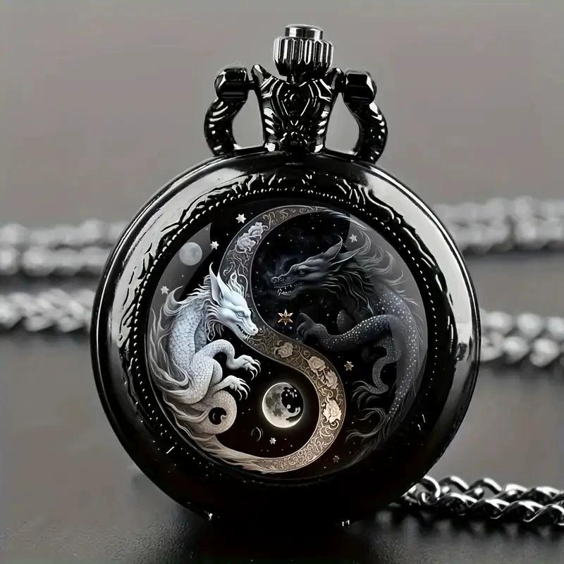 Retro Golden And Silvery Double Dragon Quartz Pocket Watch