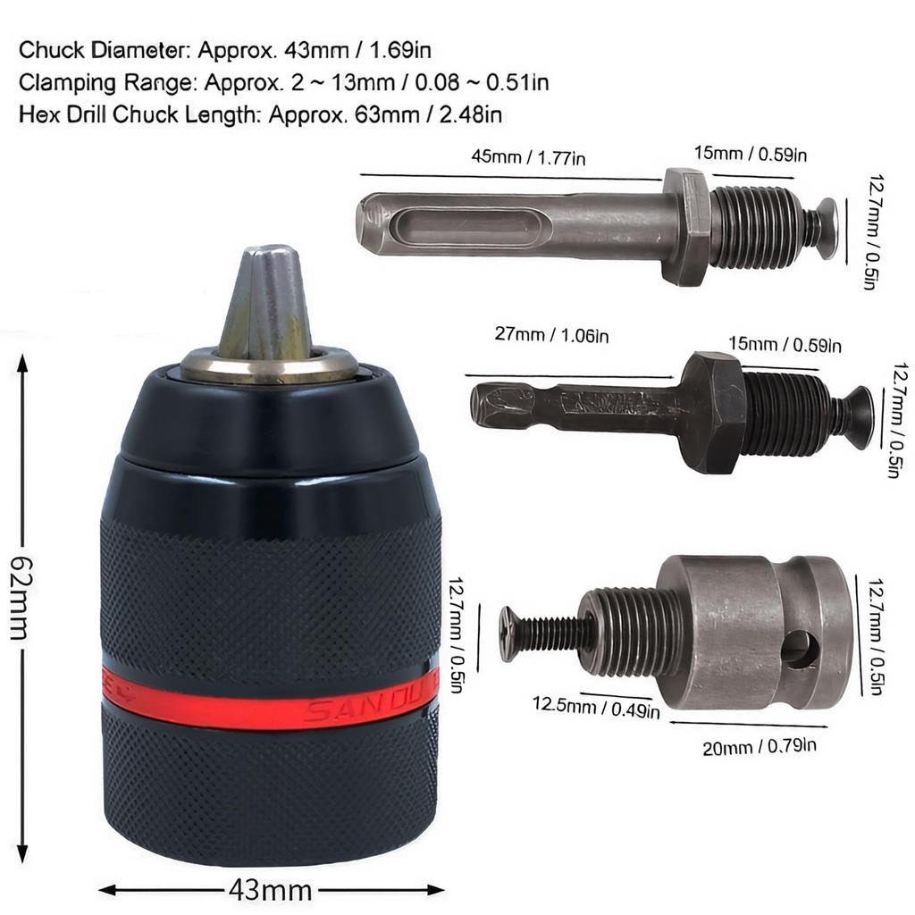 4Pcs 2-13mm Keyless Metal Drill Chuck Hex SDS Adapter Impact Screwdriver Tap Wrench Tool Set High Precision Engineer Accessories