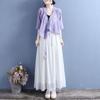 Summer cotton and linen embroidered diagonal placket fan-shaped lace-up medium-sleeved top women's retro zen shirt tea clothes