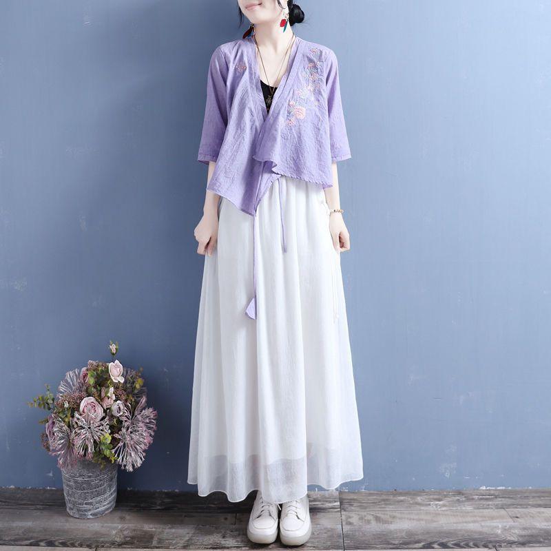 Summer cotton and linen embroidered diagonal placket fan-shaped lace-up medium-sleeved top women's retro zen shirt tea clothes