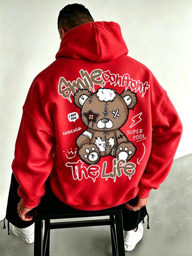 American Style Trendy Patched Stuffed Bear Sweatshirt with Back Print and Hooded Casual T-shirt for Both Men and Women