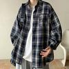 Camisa xadrez retrô com estampa, casaco, lapela, manga comprida, camisa solta, bolso simples, jaqueta casual masculina