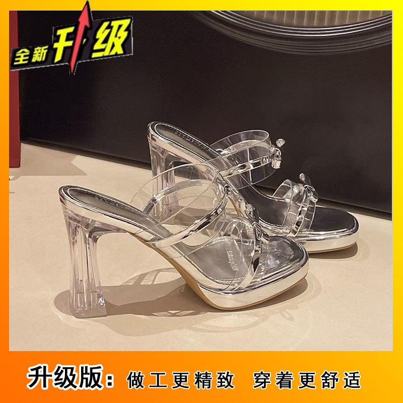 Waterproof table with one-word strap with skirt, sandals, slippers, women's 2025 new transparent high-heeled crystal heel, and sandals for summer we