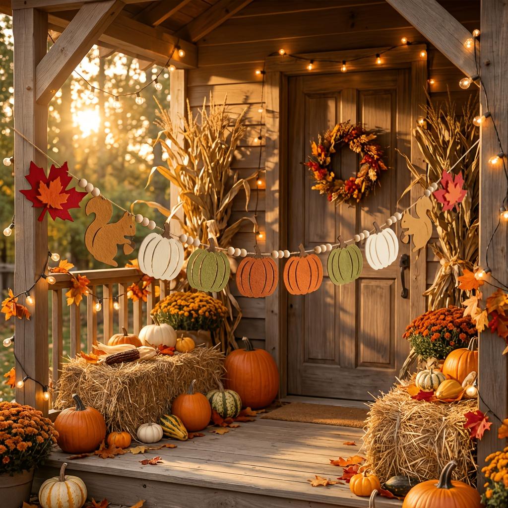 1Pc Autumn Harvest Country Style Party Banner, Pre-Assembled Squirrel Pumpkin Maple Leaf Flag String, Thanksgiving Indoor And Outdoor Rustic Style