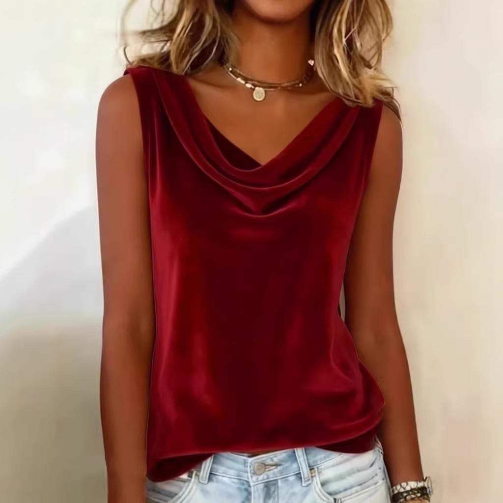 European & American Plus Size Velvet Mock Neck Sleeveless Women s Top 2026. 1XL