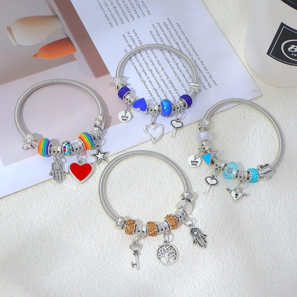 Fashion Beaded Elastic Bracelets Heart Stars Dragonfly Pendant Bangles Women Girls Jewelry Wristband