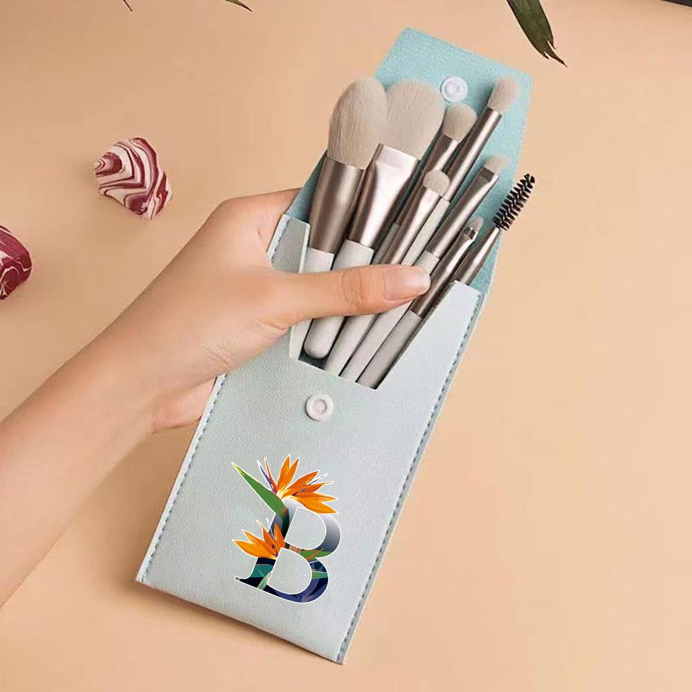 8pcs Travel Makeup Brush Case Kit Travel and Daily Use Beauty Set Blending Beauty Tool Bag Flower Color 26 Letters Pattern