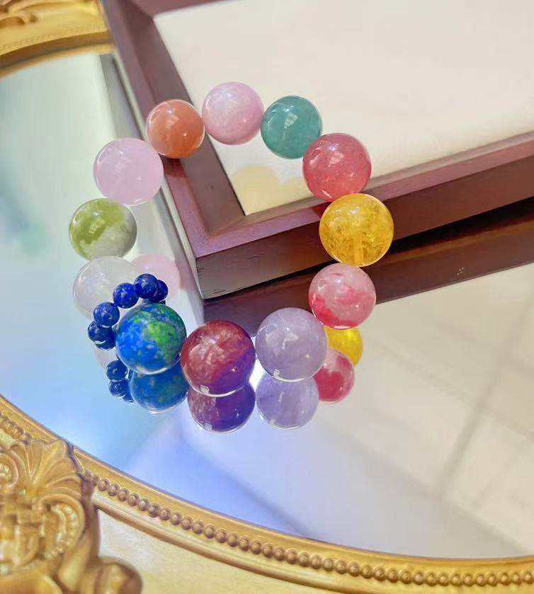 Multicolored Natural Crystal Bracelet: Yellow Tiger Eye, Rose Quartz, Lapis Lazuli, Earth Agate Bead Design