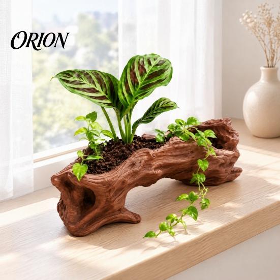 Small Desktop Greenery Pot Imitation Dead Wood Flowerpot, Retro Artistic Planter with Long Trough, Weathered Log Style Flowerpot Stable Base