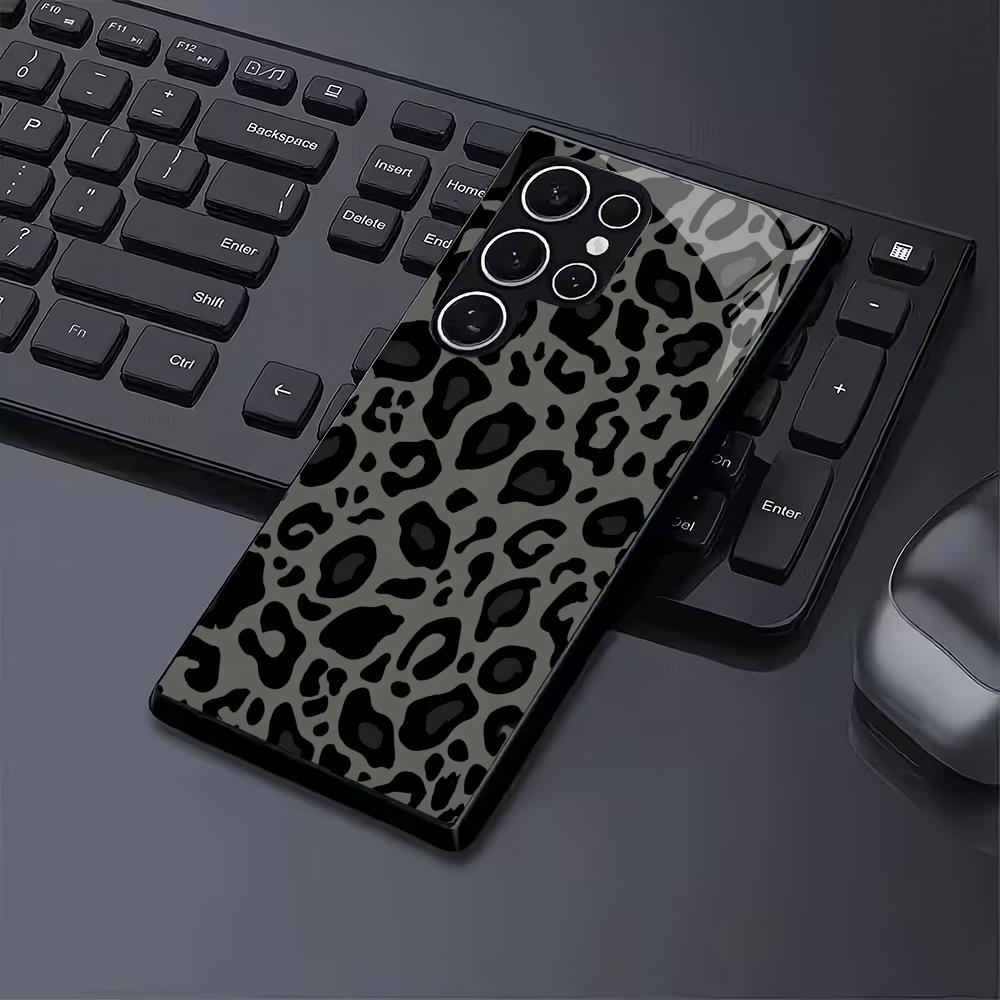 Leopard Black Tempered Glass Phone Case Suitable for Samsung GalaxyS26 S25 S24 S23 S22 S21 S20FE/Ultra/Plus Anti Drop Back Cover