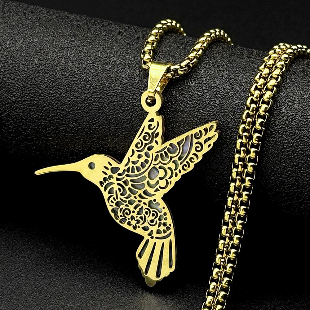 Hollow Hummingbird Imitation Abalone Shell Pendant Necklaces for Women Men Stainless Steel Gold Silver Color Bird Chain Jewelry