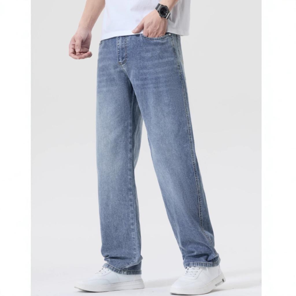 Summer New Men's American Retro Elastic Loose Straight Washed Jeans Trousers