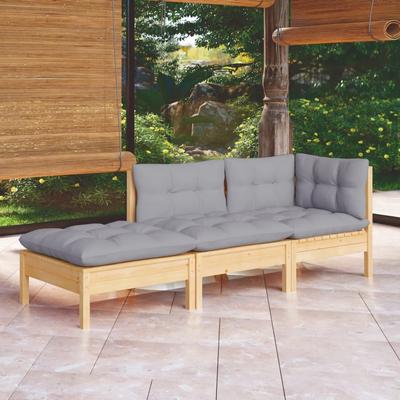Vidaxl 3-Cz. Garden Lounge Set, Grey Cushions, Pine