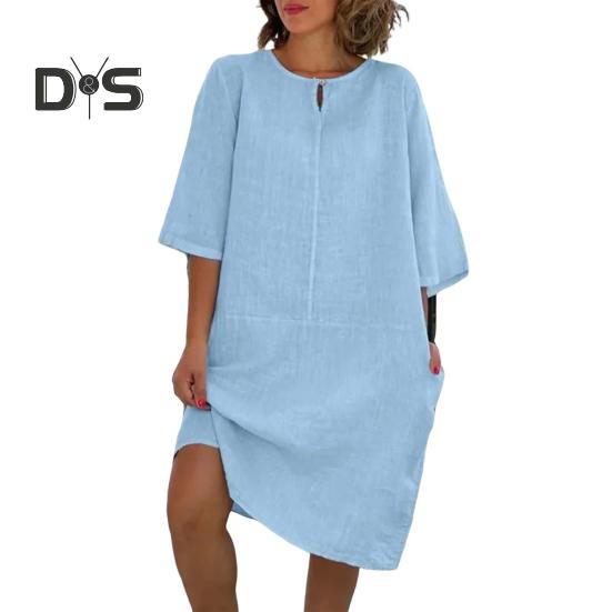 Lockeres Hemdkleid aus Baumwollleinen für Damen, lässiges Midikleid mit 1/2-Ärmeln und Rundhalsausschnitt, Sommerurlaub, Strand, Sommerkleid