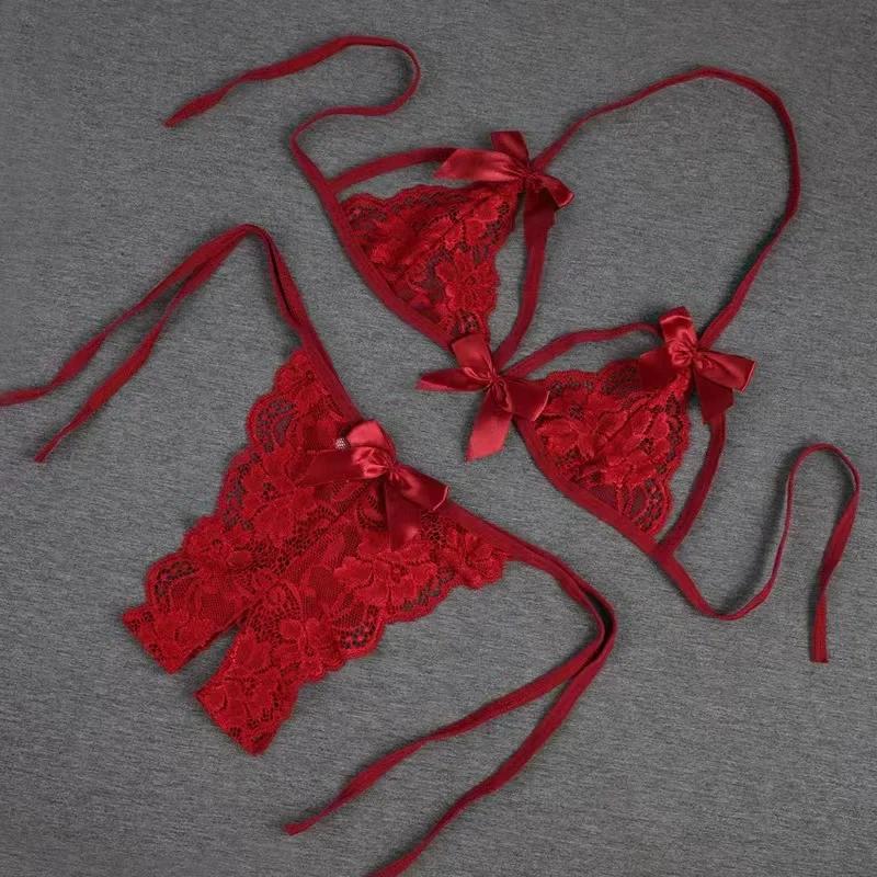 Sexy Women's Detachable Three Point Two-piece Set Open Crotch Mini Panties Lace Lingerie Thong Strap Underwear
