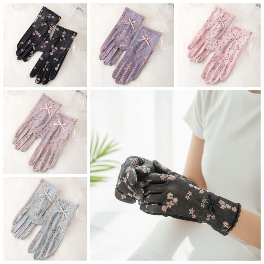 1 Pair Breathable Sunscreen Gloves Silicone Anti Slip Thin Lace Mesh Gloves Floral Printed Quick Dry Summer Driving Mittens