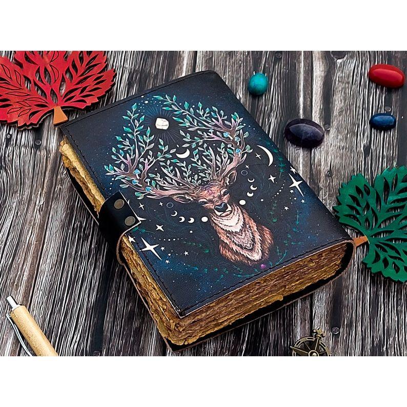 Leather Journal Deer Moon Journal For Men Women with Loc Antique Hademade Decle Edge Pepar Traveling Sketchbook Black Notebook