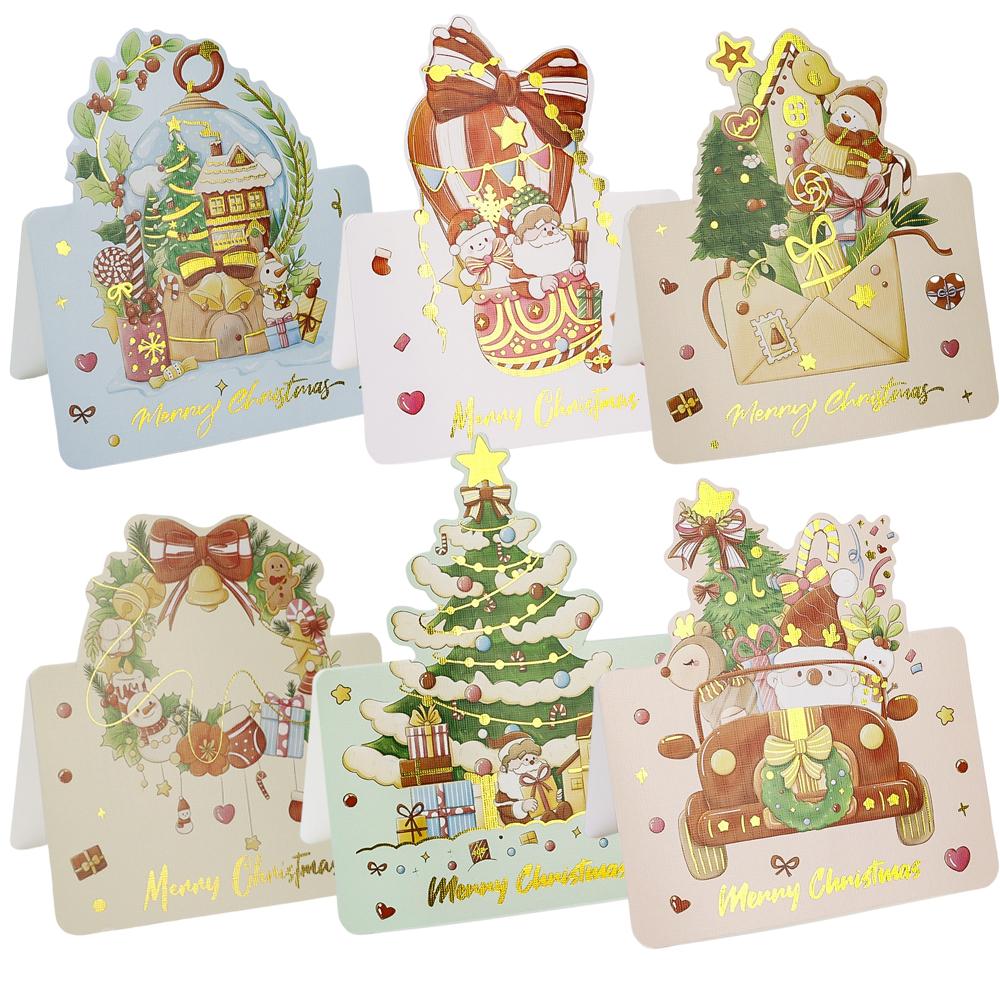 1-12Pcs Christmas Greeting Cards Cartoon Santa Claus Snowman Folding Postcard Christmas Birthday New Year Gifts Wrap Supplies