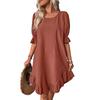 Summer Women Dress Mid Sleeves Solid Color Loose A-line Big Swing Ruffle Patchwork O Neck Pullover Knee Length Midi Dress