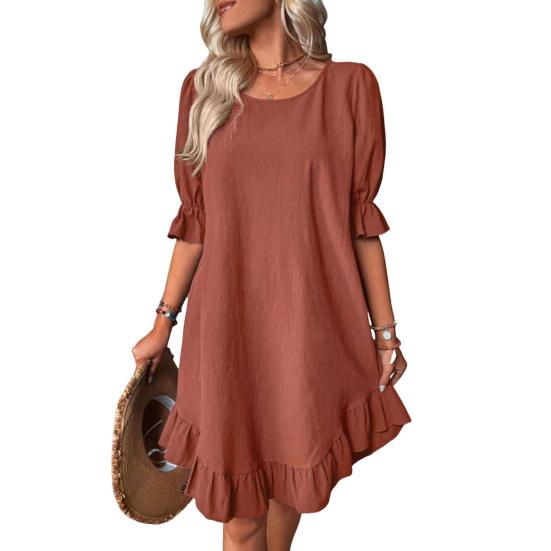 Sommerkleid für Damen, mittellange Ärmel, einfarbig, lockere A-Linie, große Schaukel, Rüschen, Patchwork, O-Ausschnitt, Pullover, knielanges Midikleid