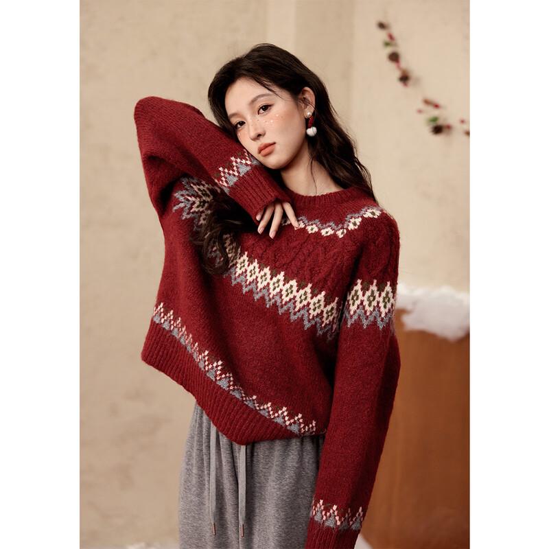 Women s New Year Red Fair Isle Wool Blend Sweater One Size