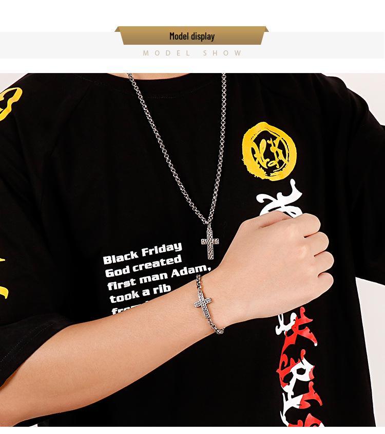 Korean Style Stainless Steel Cross Necklace & Men's Titanium Steel Bracelet Set