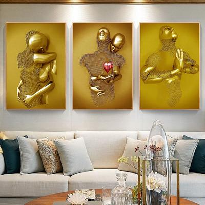 Goldene Metallfiguren, die sich küssende Paare lieben, Leinwandgemälde, 3D-Effekt, Wand, nordische ästhetische Kunst, Poster und Drucke, Wanddekoration, Wohnzimmer, Zuhause