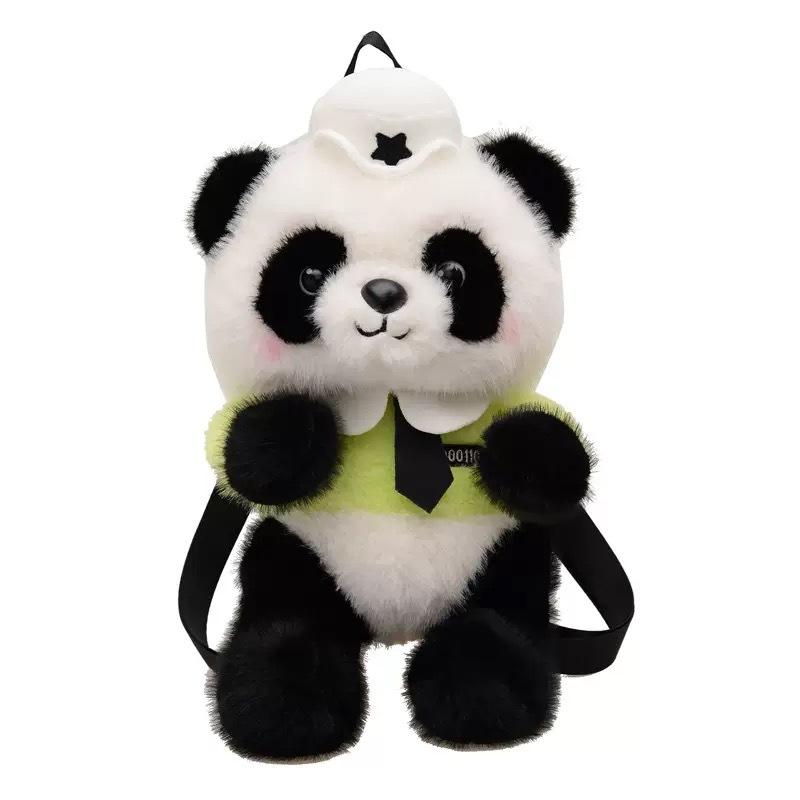 

Plush Police Panda Backpack With Cartoon Pattern Adjustable Shoulder Bag Straps зелений