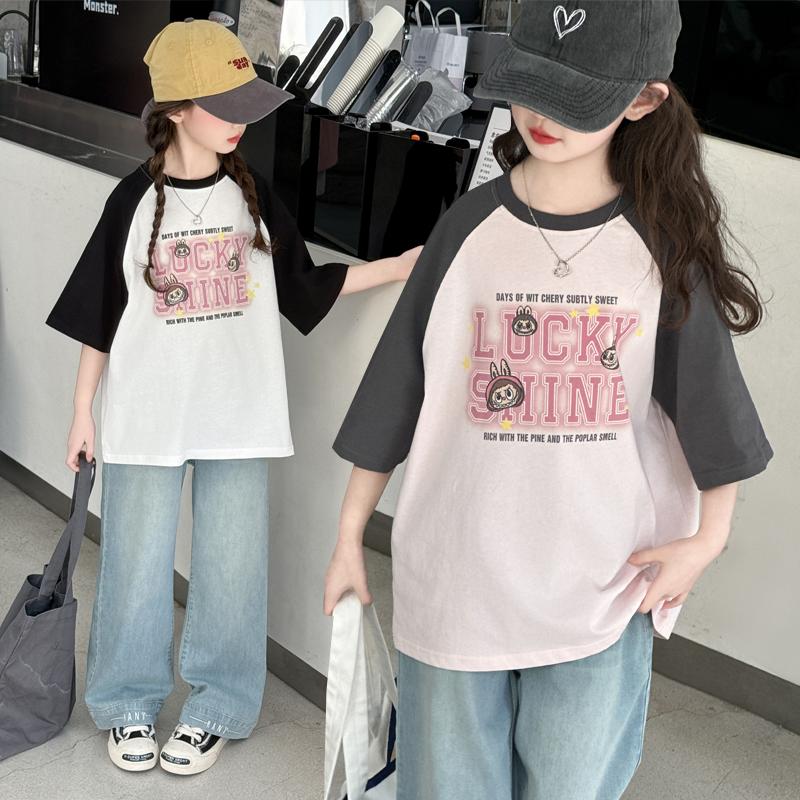 Girls' Short Sleeved Summer New Style Slimming Color Blocked Medium and Large Children's Stylish T-shirt Fashionable Pure Cotton Top