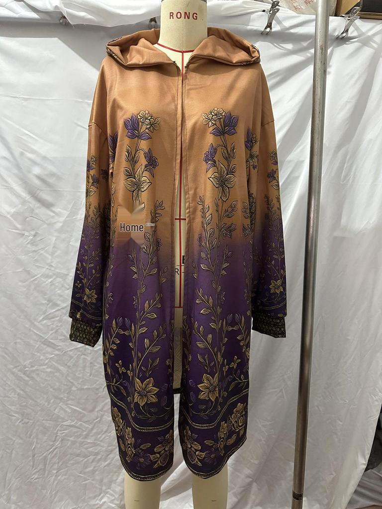 European and American Plus Size Women's Hooded Printed Trench Coat, Mid-Length Sweatshirt Cardigan for 2025 Autumn/Winter.