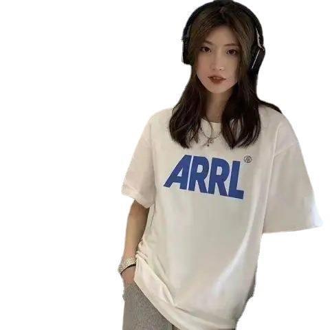 Medium and long round neck simple letter T-shirt women's short sleeve tide design sense niche summer ins Korean version tide