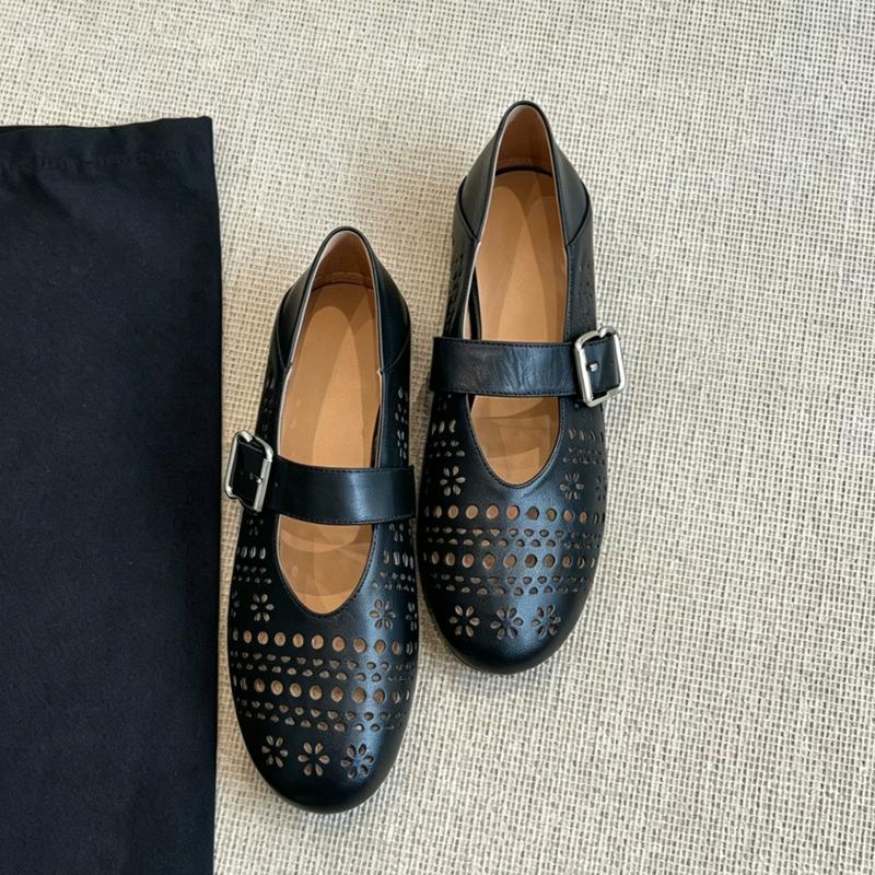 

Genuine Leather Women Mary Jane Shoes Cut-outs Flat Casual Ladies Soft Comfortable Shoes Elegant Office Dress Party Black White 35