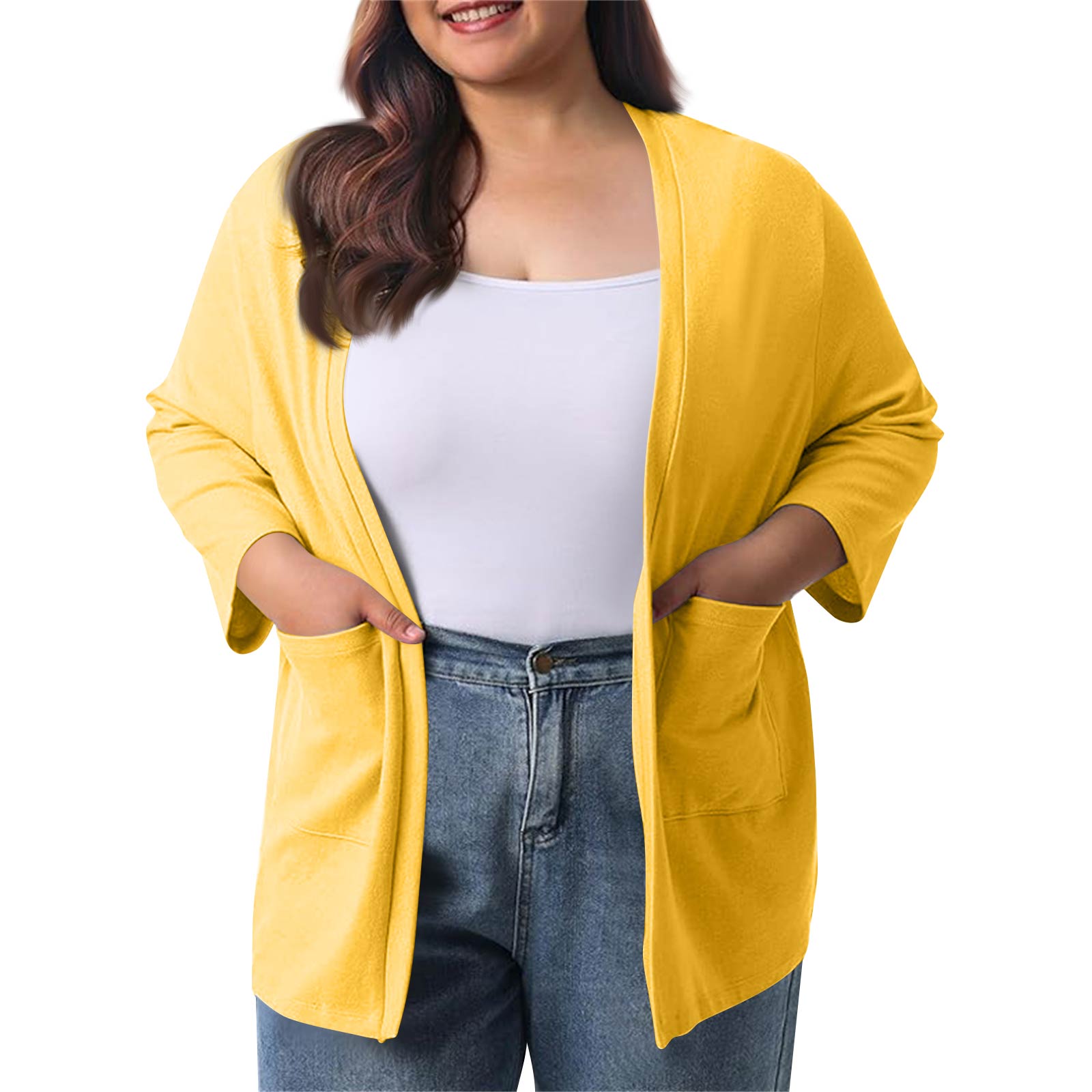 

Женский осенне-зимний модный повседневный однотонный кардиган-жакет длиной до середины бедра с рукавом 3/4 XL жёлтый