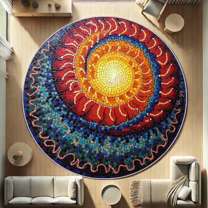 

Mosaic Spiral Sun Round Rug, Colorful Boho Meditation Mat with Radiant Design,Non-Slip Spiritual Home Decor for Yoga Room Summer Diameter 100cm