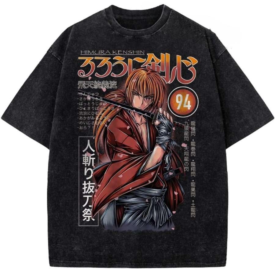 Heißes Anime Rurouni Kenshin Himura Kenshin Druck T-Shirt Herren Damen T-Shirts Baumwollkleidung Retro Gewaschenes T-Shirt Harajuku Männliche Oberteile